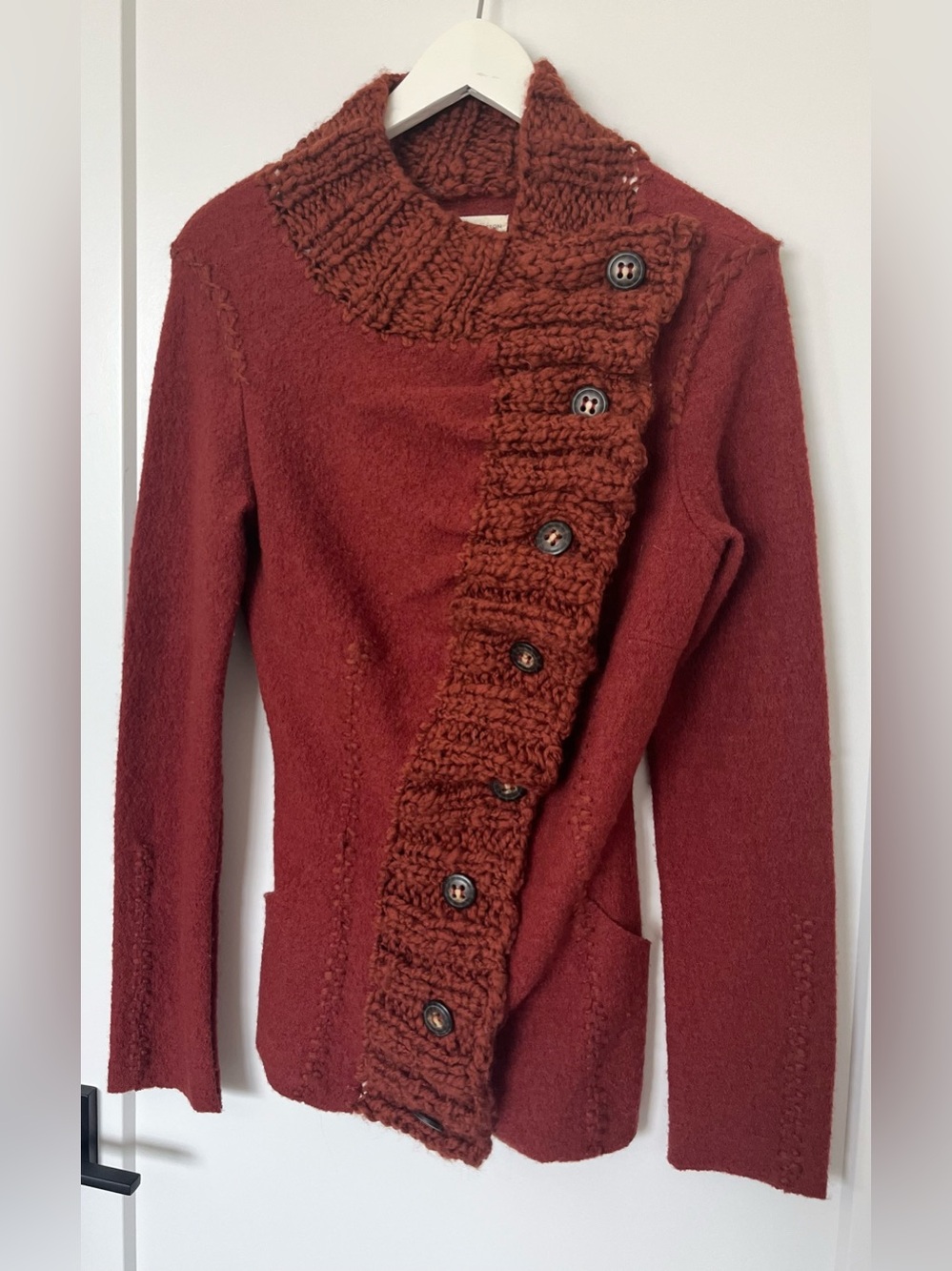 Anthropologie Gro Abrahamsson Transverse Placket Wool Cardigan Rust Orange XS - Picture 4 of 9